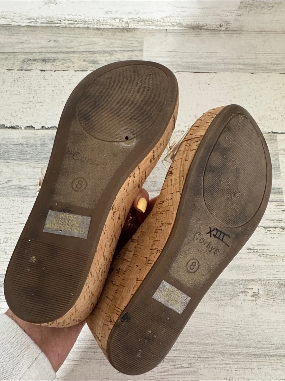 CORKYS CLEAR HIGH TIDE GOLD TRIM WEDGE SHOES - 9